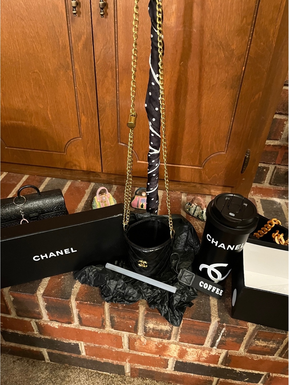GWP - CHANEL Black and Gold Travel Mug with Quilted Crossbody Cup Holder